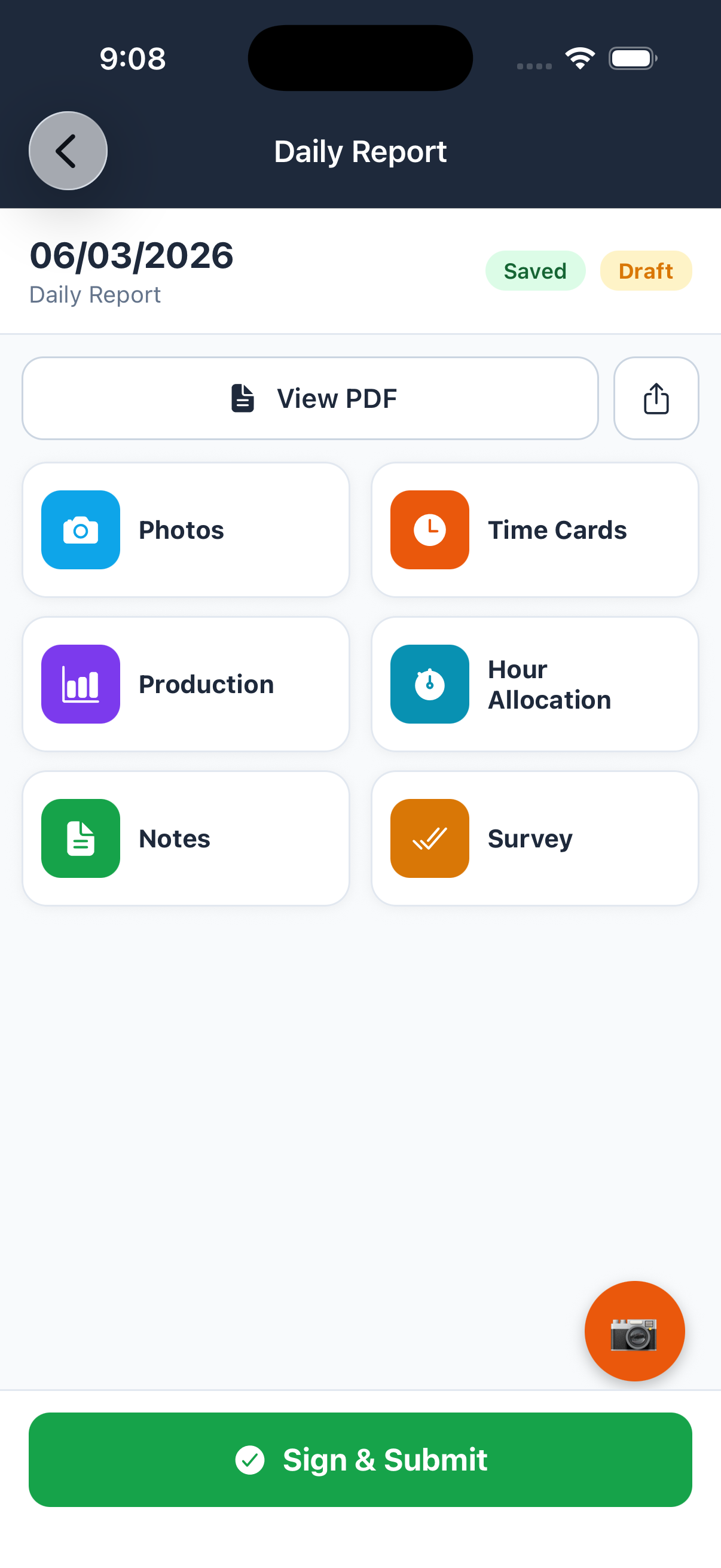 Sub360 Field — the daily report capture screen on mobile