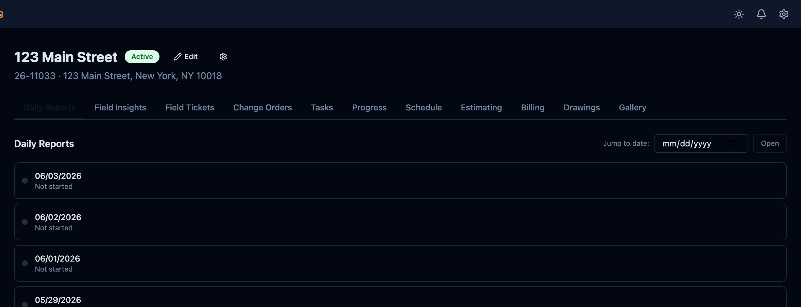 Sub360 per-project workspace — daily reports, insights, change orders, schedule, estimating, and more